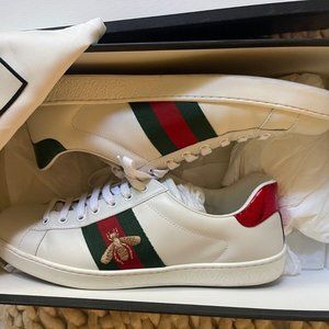 NEW GUCCI ACE MEN'S WHITE LEATHER LOGO SNEAKERS SHOES 10